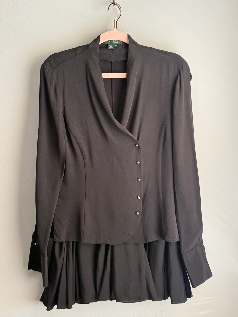 Lauren Ralph Lauren Black 100% Silk Blouse & Skirt Suit Set / Dress Size 12